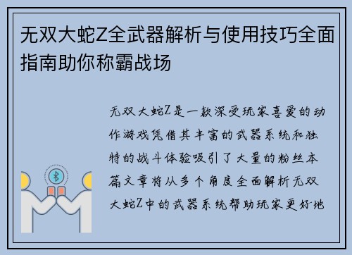无双大蛇Z全武器解析与使用技巧全面指南助你称霸战场